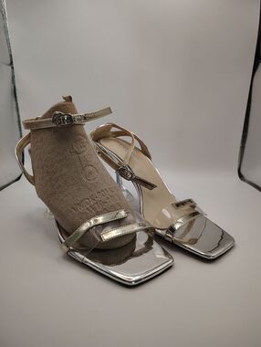 Women's Clear Strap Lucite Heel Sandals Sz 9 Silver Gold Strappy Square Toe 4"